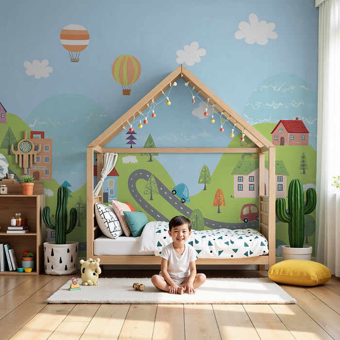 Papel pintado infantil | Paisaje lúdico con globos aerostáticos