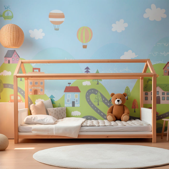 Papel pintado infantil | Paisaje lúdico con globos aerostáticos
