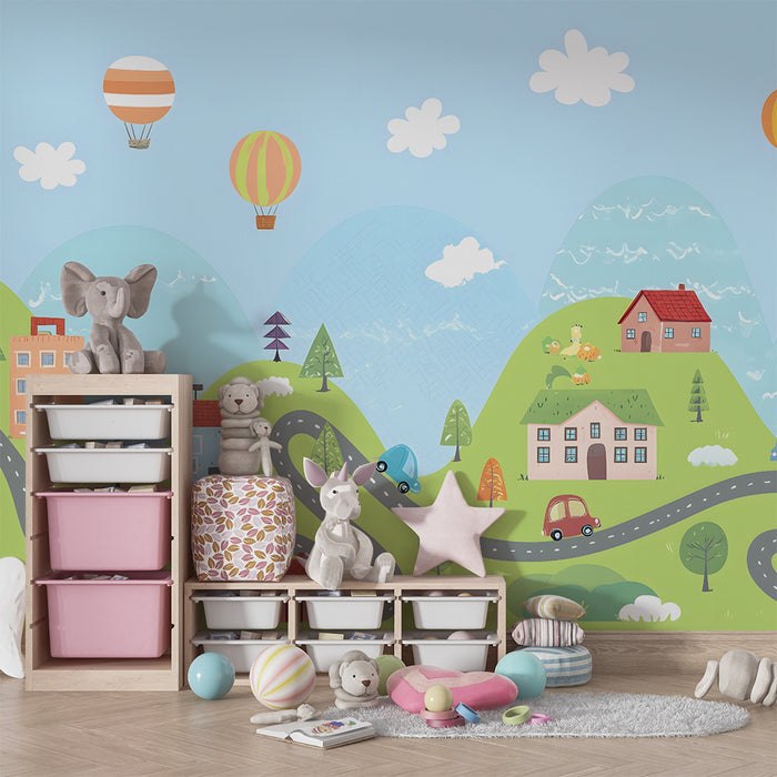 Papel pintado infantil | Paisaje lúdico con globos aerostáticos