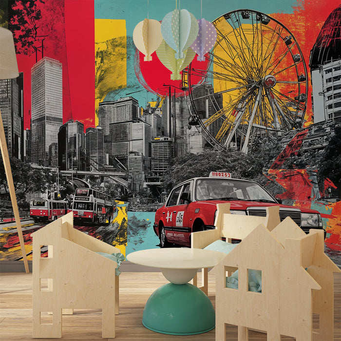 Bymønster tapet | Multifarvet kunstnerisk sammensætning