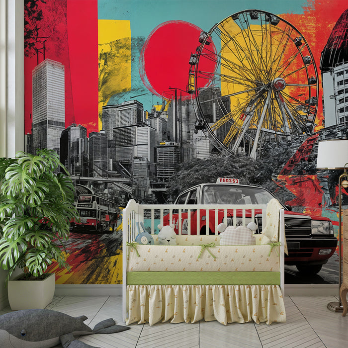 Bymønster tapet | Multifarvet kunstnerisk sammensætning